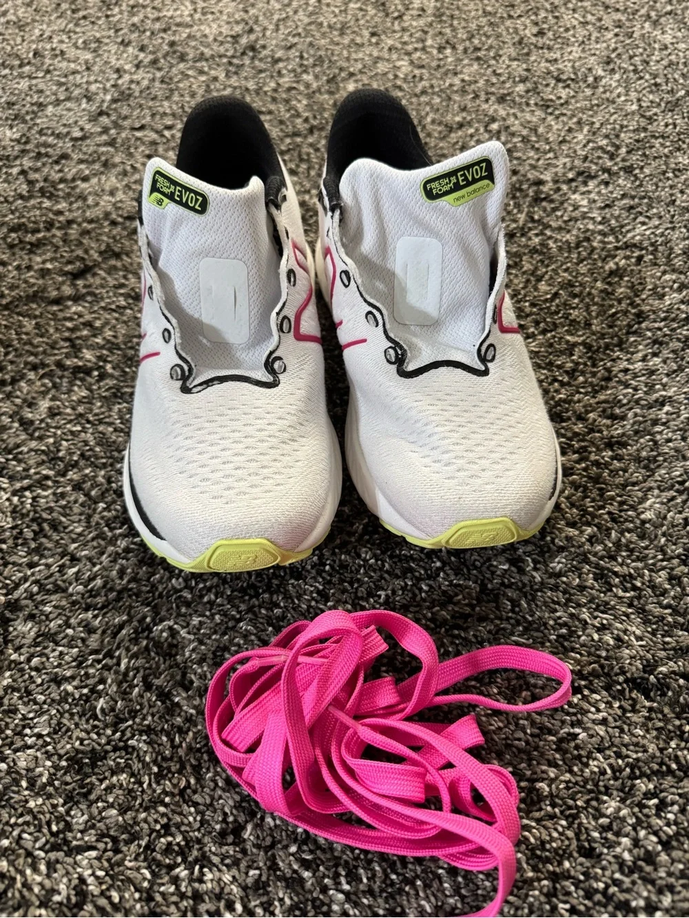 New Balance White Running Shoes with Pink Accents and Lime Highlights